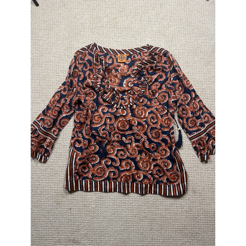 Tory Burch Navy Rust Paisley Cotton Ruffle Tunic Top Bell Sleeve 14 51111102